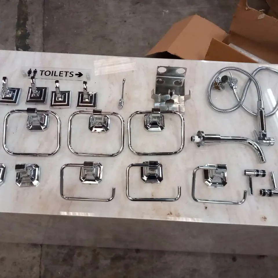 LARGE QUANTITY OF ASSORTED CHROME BATHROOM ACCESSORIES AND FITTINGS TO INCLUDE; THREE SHATAFFS, FOUR TOWEL HOLDERS, SOAP HOLDER, TAP, FIVE COAT HOOKS, TOILET SIGN AND THREE TOILET ROLL HOLDERS 
