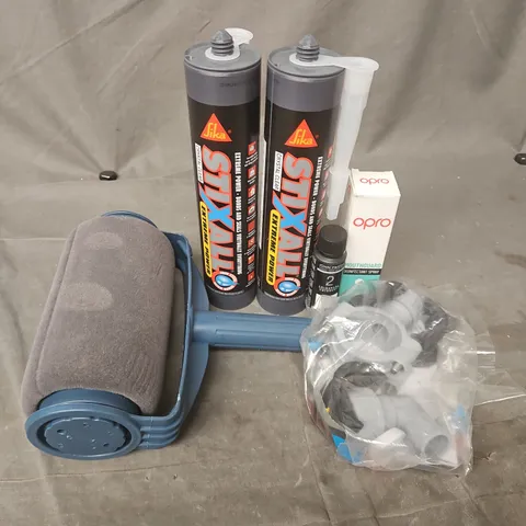 APPROXIMATELY 12 ASSORTED HOUSEHOLD ITEMS TO INCLUDE PAINT ROLLER, STIXALL EXTREME POWDER, OPRO MOUTHGUARD DISINFECTANT SPAY, ETC - COLLECTION ONLY