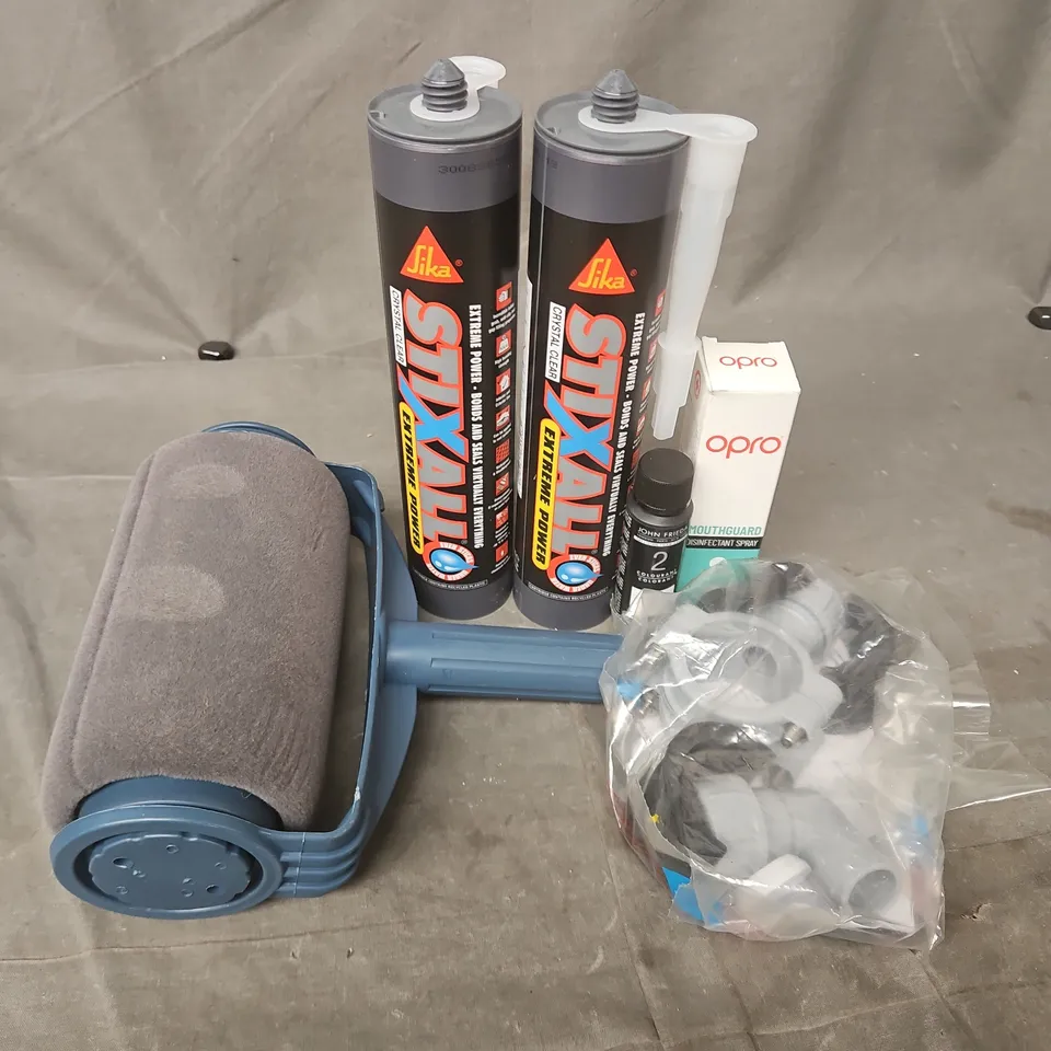 APPROXIMATELY 12 ASSORTED HOUSEHOLD ITEMS TO INCLUDE PAINT ROLLER, STIXALL EXTREME POWDER, OPRO MOUTHGUARD DISINFECTANT SPAY, ETC - COLLECTION ONLY