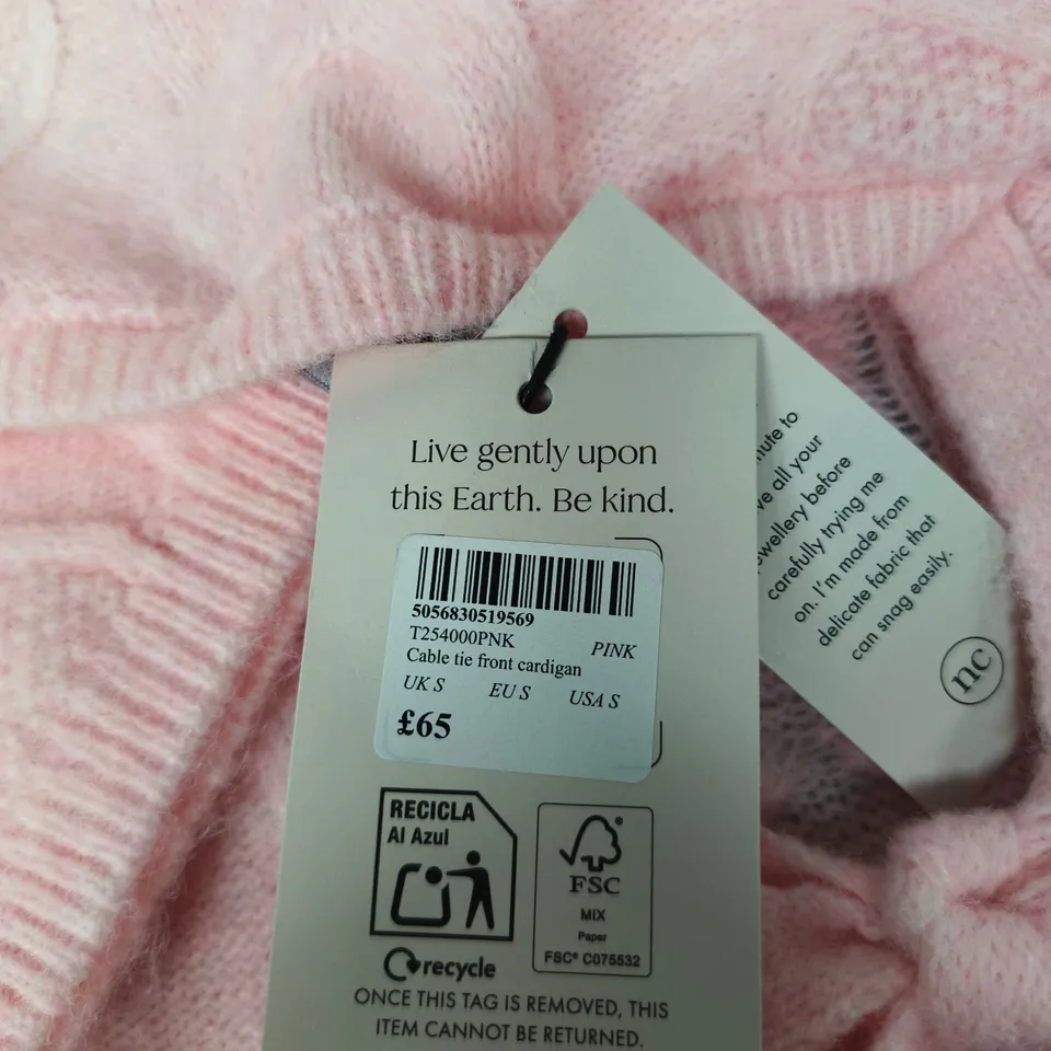 NOBODY'S CHILD CABLE KNIT FRONT CARDIGAN – PINK, UK SIZE S 