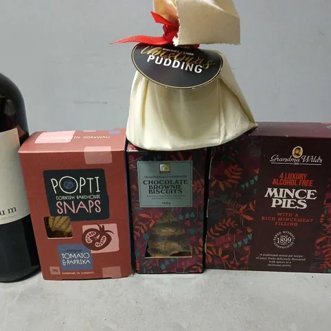 BASKET GIFT SET HAMPER TO INCLUDE - MINCE PIES , BROWNIE BISCUITS , TALLGUM SHIRAZ CABERNET ETC