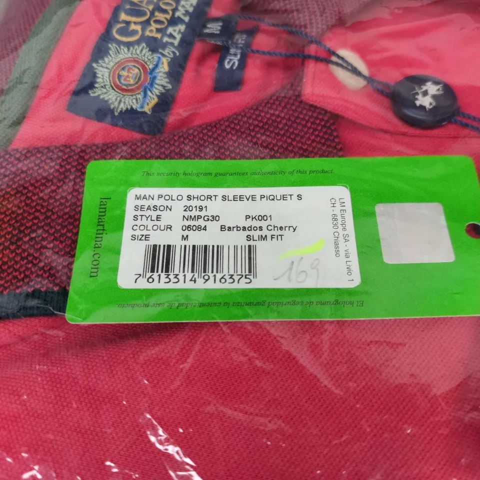 LA MARTINA GUARDS POLO CLUB MEN'S POLO SHIRT - SHORT SLEEVE PIQUE, BARBADOS CHERRY, SIZE M (SLIM FIT)