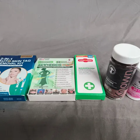 APPROX 10 ASSORTED ITEMS TO INCLUDE: SKIN TAG REMOVAL KIT, ACV X EGCG PATCHES, WASHPROOF DRESSING 