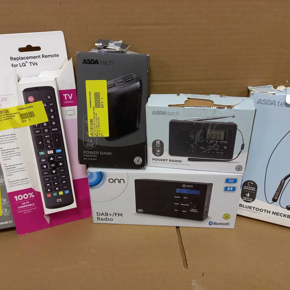 LOT OF 6 ASSORTED ELECTRICAL ITEMS TO INCLUDE STREAMBUDS MINI, LG REPLACEMENT REMOTE, BLUETOOTH NECKAND, ETC