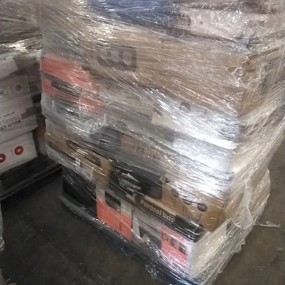 PALLET CONTAINING A LARGE QUANTITY OF ASSORTED HOUSEHOLD GOODS WHICH INCLUDE; SUITCASES, AIRFRYERS, PARASOL BASES, FANS, COOLER BOX ETC