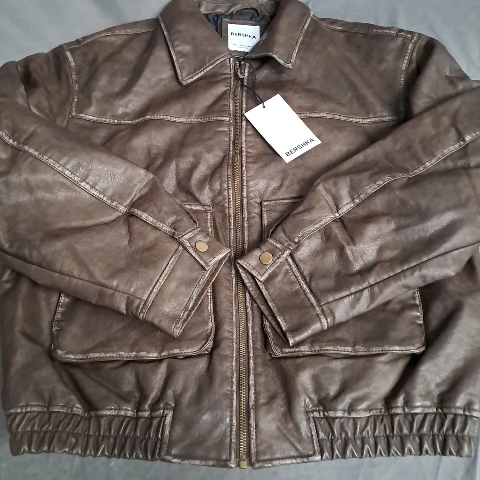 BERSHKA LEATHER BOMBER JACKET, BROWN - SIZE S