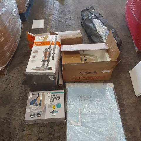 PALLET OF ASSORTED ITEMS INCLUDING: PORCELAIN SINK, VAX AIR STRETCH VACUUM, FOAM UNIVERSAL TOILET SEAT, CANOPY, PICTURE FRAME ECT