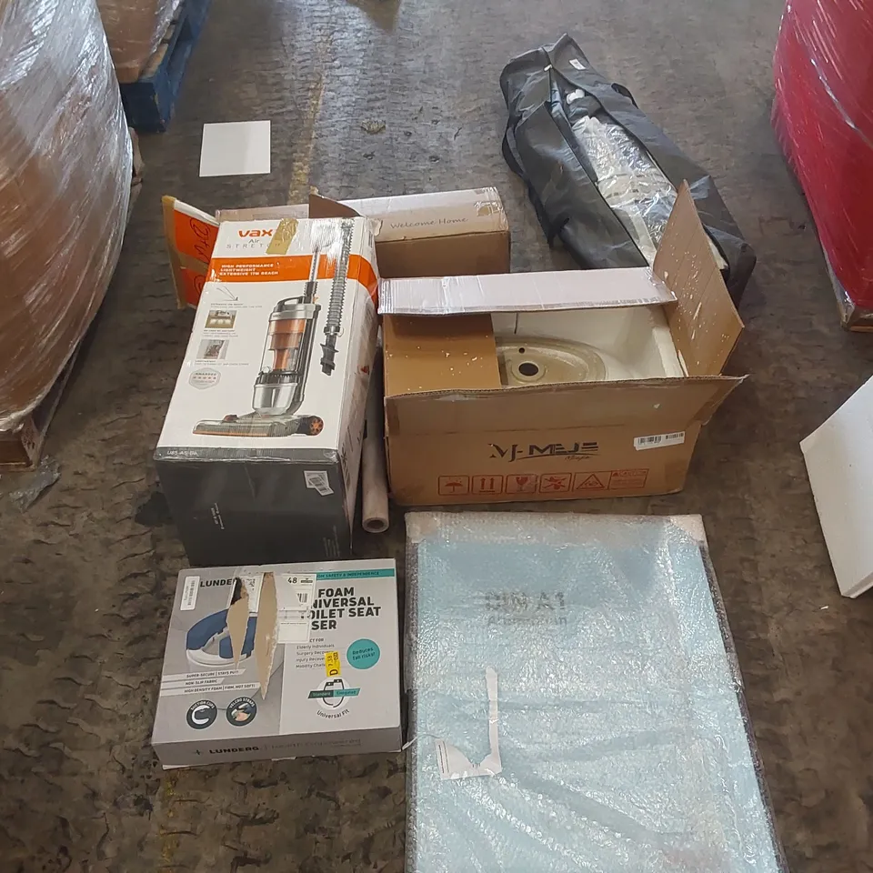 PALLET OF ASSORTED ITEMS INCLUDING: PORCELAIN SINK, VAX AIR STRETCH VACUUM, FOAM UNIVERSAL TOILET SEAT, CANOPY, PICTURE FRAME ECT