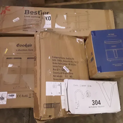 PALLET OF ASSORTED PRODUCTS INCLUDING AIR FRYER, KITCHEN FAUCET, GREENHOUSE, INDUCTION HOB, SHELVING UNIT, DRESSING TABLE