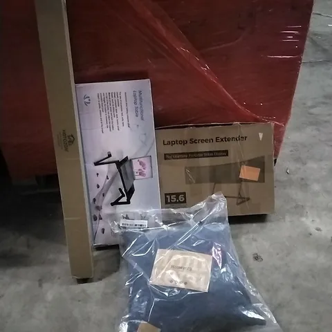 PALLET OF HOUSEHOLD ITEMS TO INCLUDE CURTAIN ROD, BAGGED HOMEVERY CUSHION, LAPTOP SCREEN EXTENDER, MULTIFUNCTIONAL LAPTOP TABLE AND OTHER ASSORTED ITEMS...