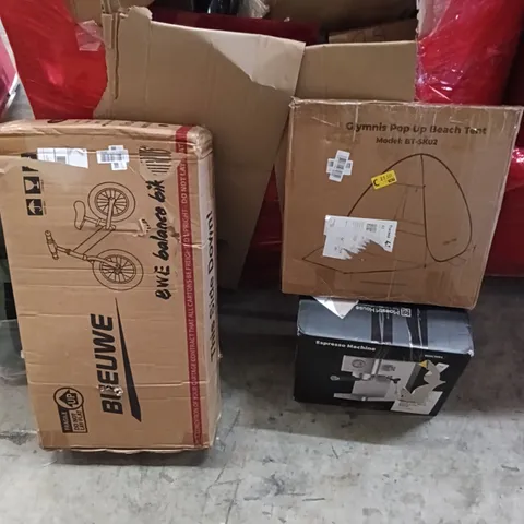 PALLET OF ASSORTED HOUSEHOLD GOODS AND PRODUCTS TO INCLUDE; BALANCE BIKE, BEACH TENT, PRINTER, ESPRESSO MACHINE, BOXED FURNITURE ETC