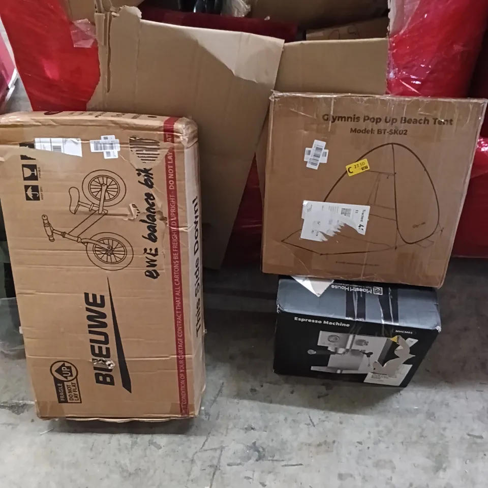 PALLET OF ASSORTED HOUSEHOLD GOODS AND PRODUCTS TO INCLUDE; BALANCE BIKE, BEACH TENT, PRINTER, ESPRESSO MACHINE, BOXED FURNITURE ETC