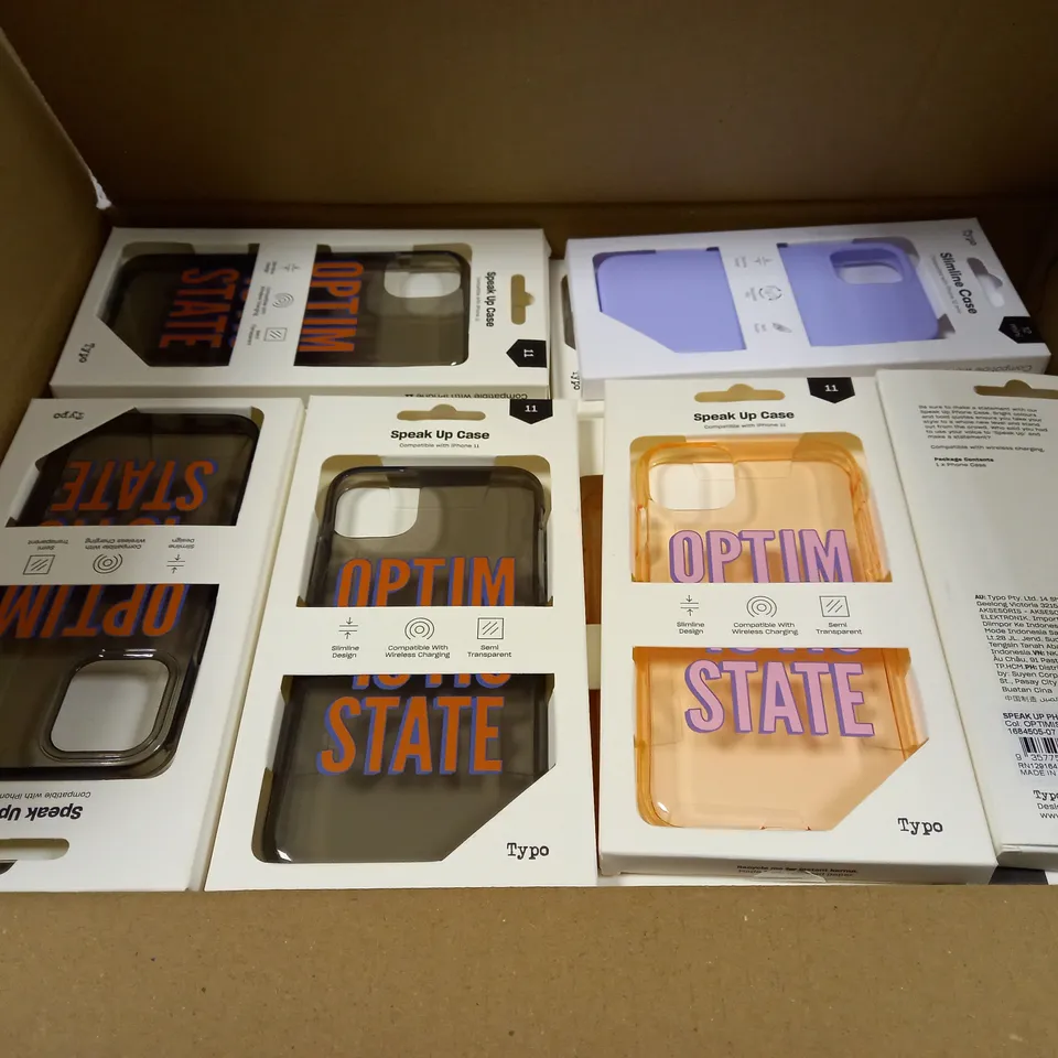 BOX OF APPROXIMATELY 51 TYPO PHONES CASES ('SLIMLINE CASE' & 'SPEAK UP CASE') FOR IPHONE 11, 12 MINI, 12/12PRO IN VARYING COLOURS