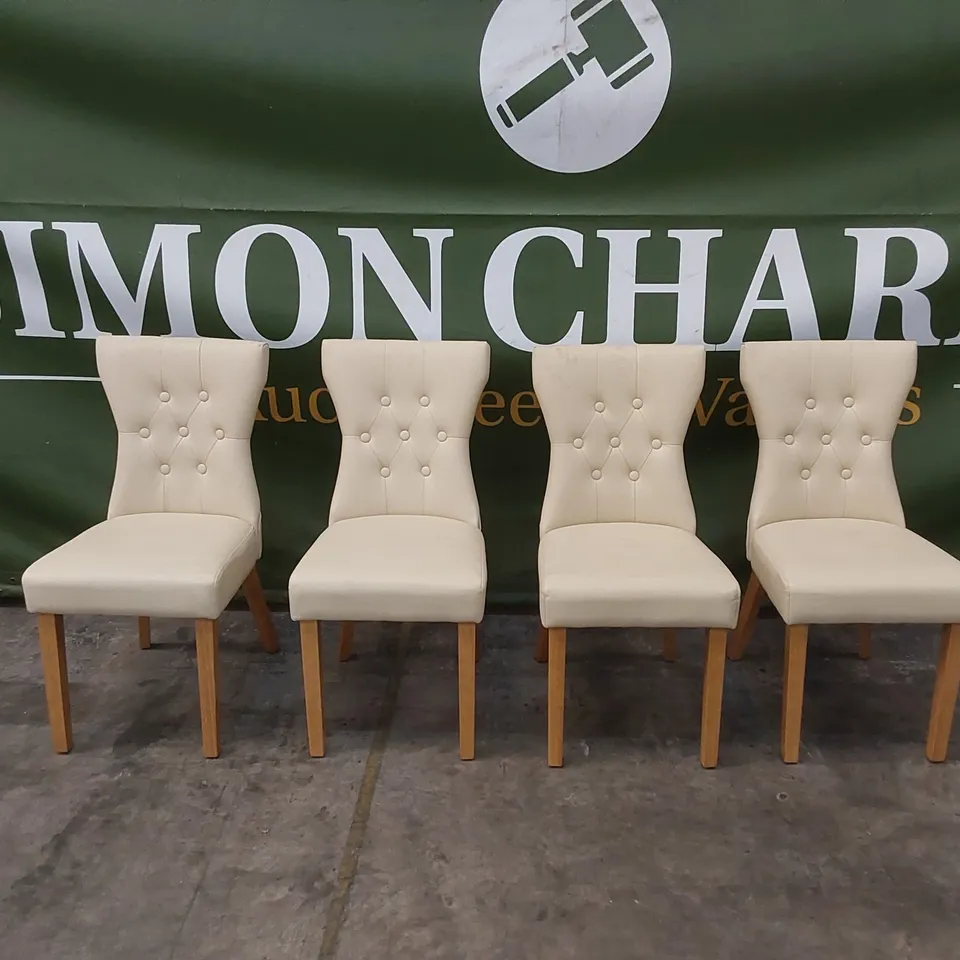 SET OF 4 BEWLEY IVORY LEATHER BUTTON BACK DINING CHAIRS WITH OAK LEGS