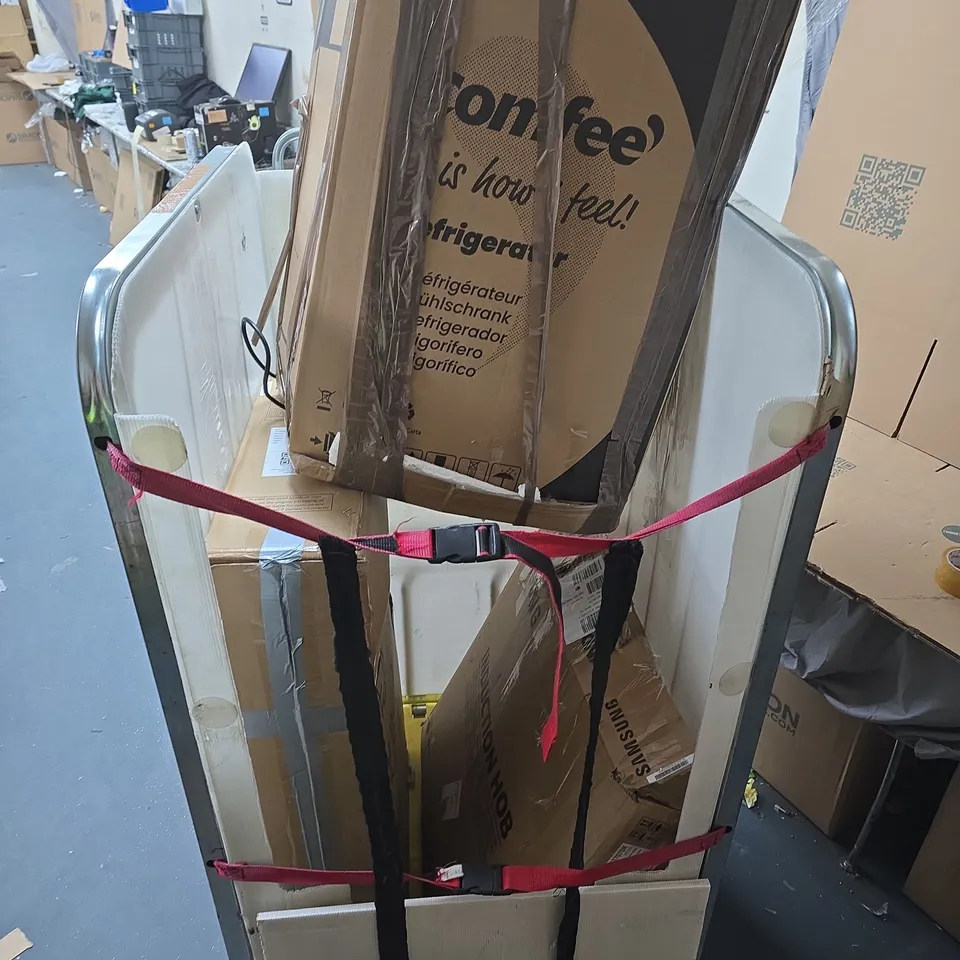 CAGE OF 3 ASSORTED CONSUMER PRODUCTS INCLUDING: DRINKS FRIDGE & AN INDUCTION HOB ECT // CAGE NOT INCLUDED 