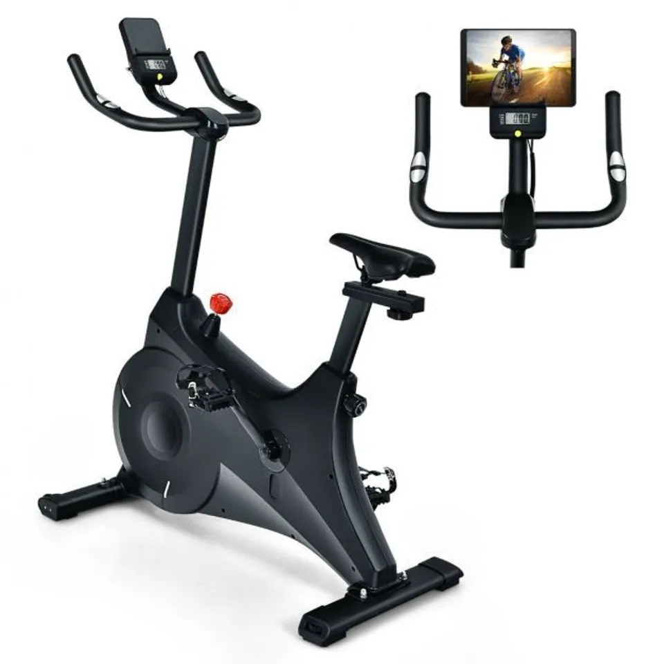 BOXED EXERCISE BIKE WITH ADJUSTABLE SEAT AND TABLET / IPAD / PHONE HOLDER