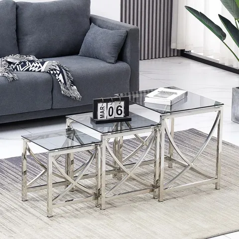 BOXED STAINLESS STEEL NESTING WITH CLEAR TEMPERED GLASS TOP - SET OF 3 (1 BOX)