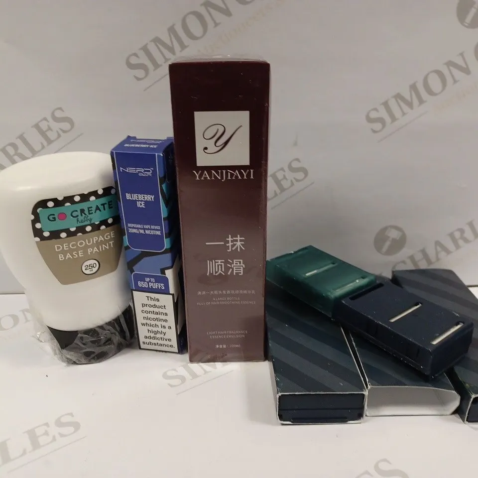 APPROXIMATELY 20 ASSORTED PRODUCTS TO INCLUDE YANJIAYI LIGHT HAIR FRAGRANCE ESSENCE EMULSION, NERD BAR BLUEBERRY ICE DISPOSABLE VAPE DEVICE, HARRY'S BLADES, GO CREATE DECOUPAGE BASE PAINT ETC.