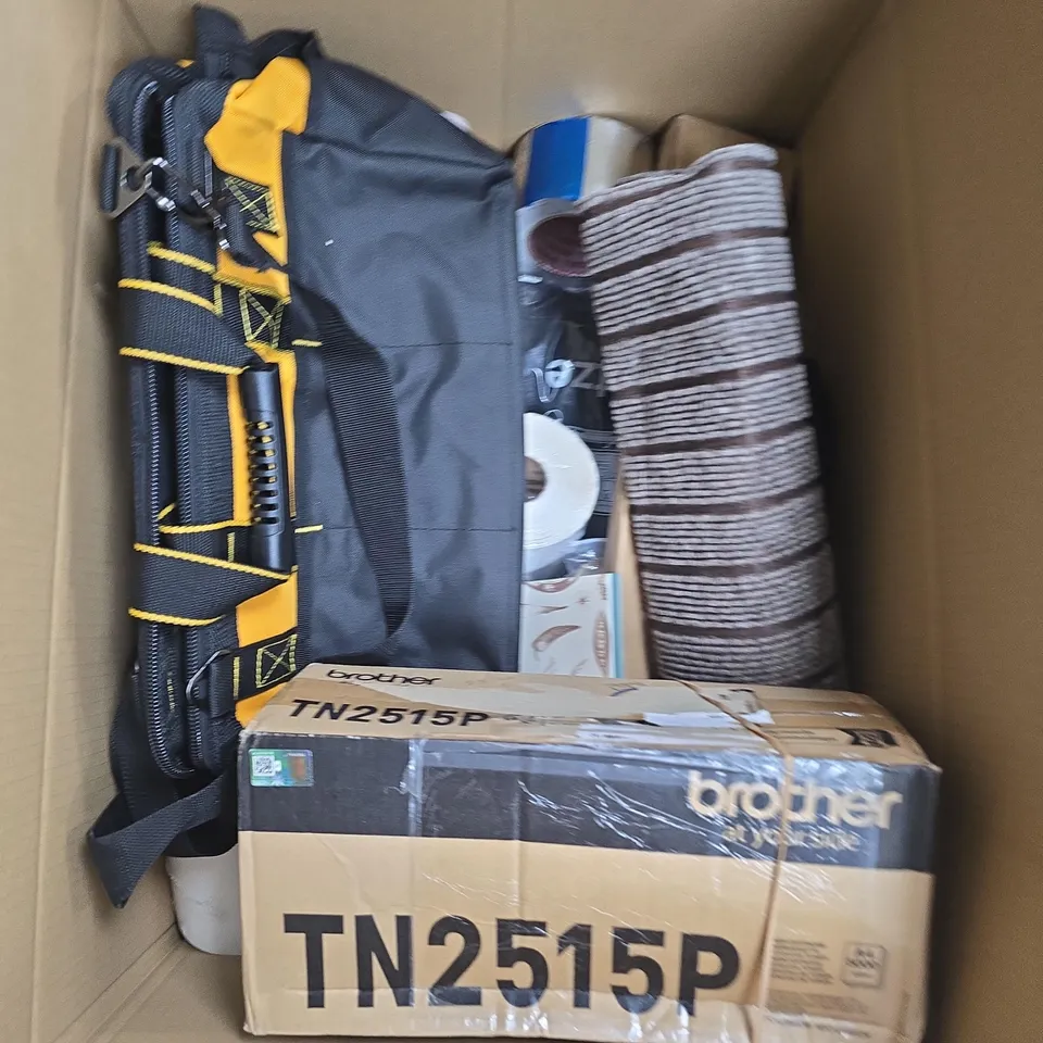 BOX OF APPROXIMATELY 15 ASSORTED HOUSEHOLD ITEMS TO INCLUDE TOOL BAG , ASSORTED TAPE AND WALL STICKERS