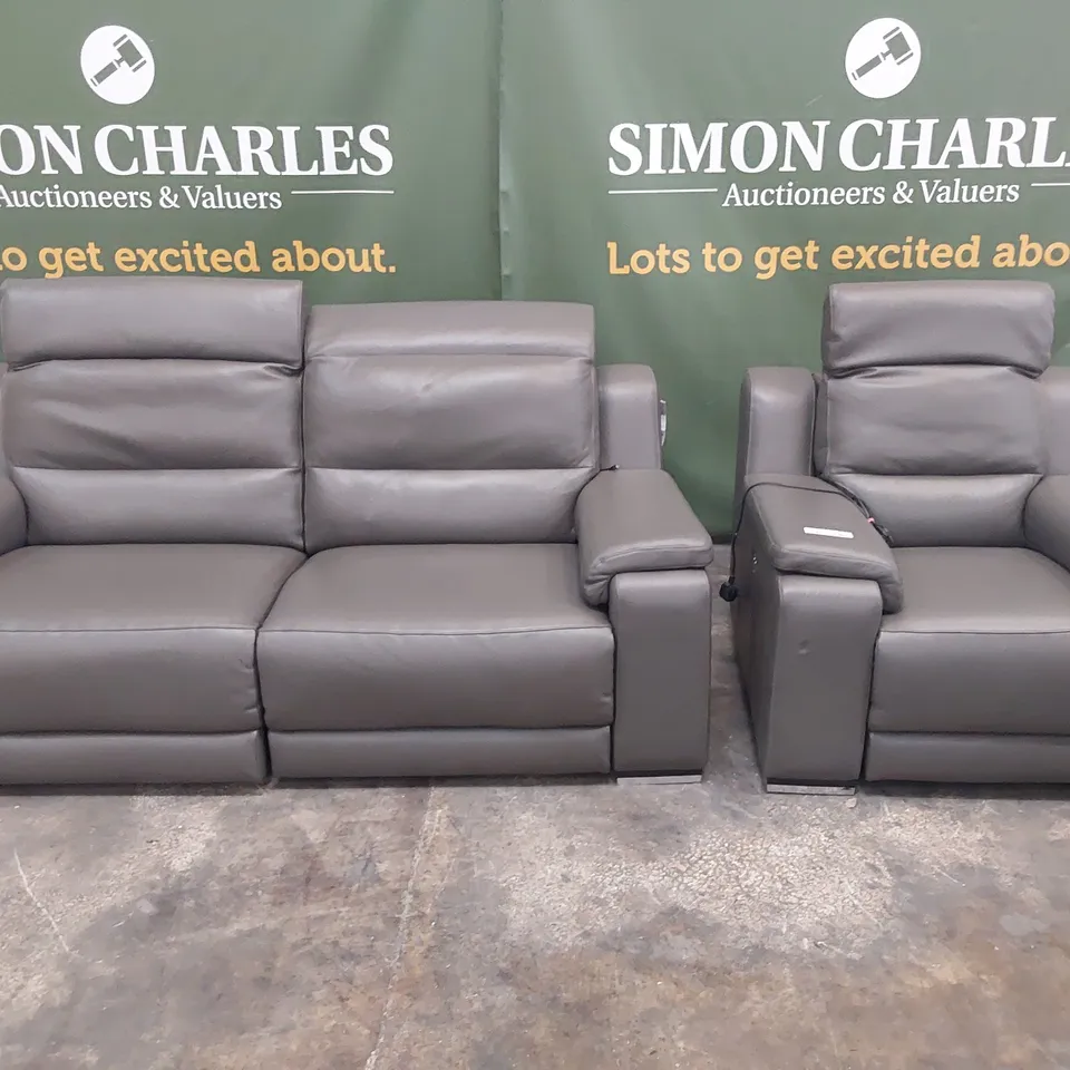 QUALITY ITALIAN DESIGNER POWER RECLINING LOUNGE SUITE WITH ADJUSTABLE HEADRESTS COMPRISING, THREE SEATER SOFA & EASY CHAIR IN GREY LEATHER 