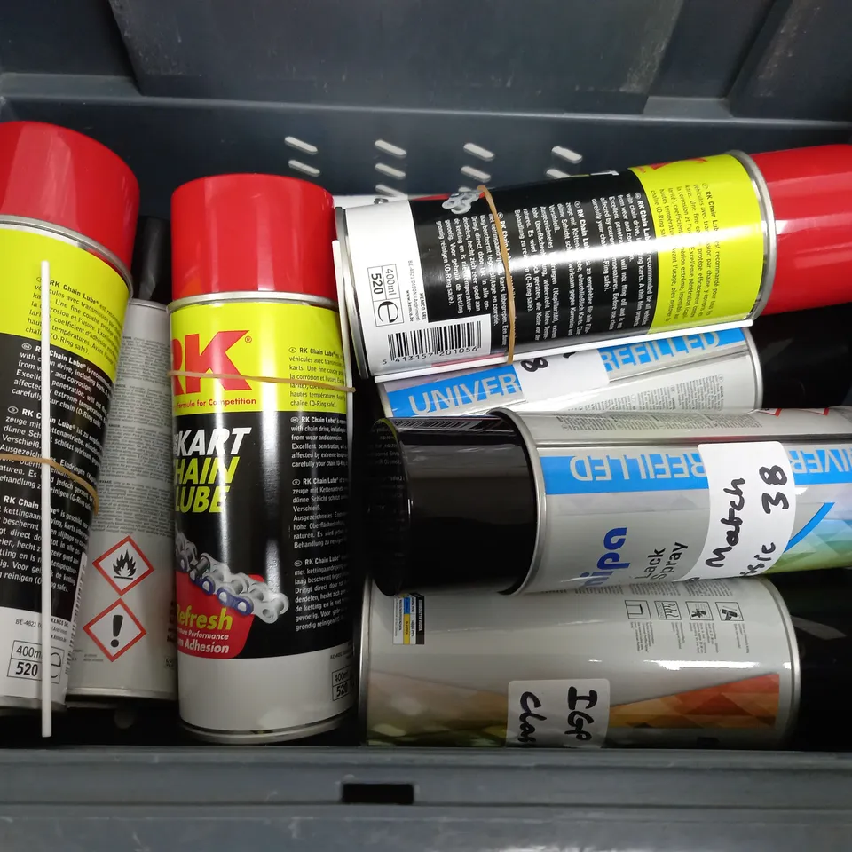 BOX OF APPROX 10 ASSORTED AEROSOLS TO INCLUDE - LYNX GOLD - BEAIR AIR SANITISER - CHAIN LUBE ECT