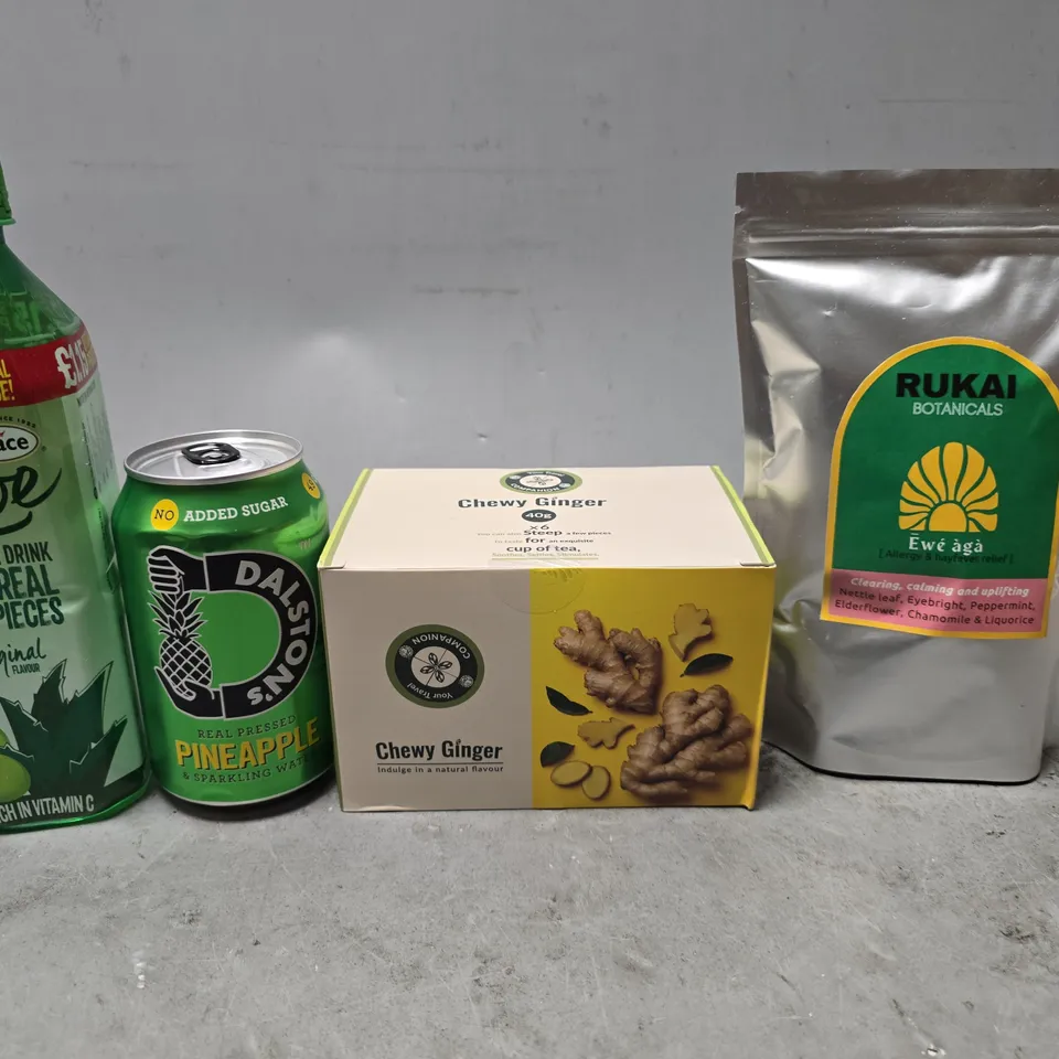 APPROXIMATELY 9 ASSORTED FOOD & DRINK ITEMS TO INCLUDE - CHEWY GINGER , RUKAI EWE AGA , SAY ALOE VERA DRINK ETC
