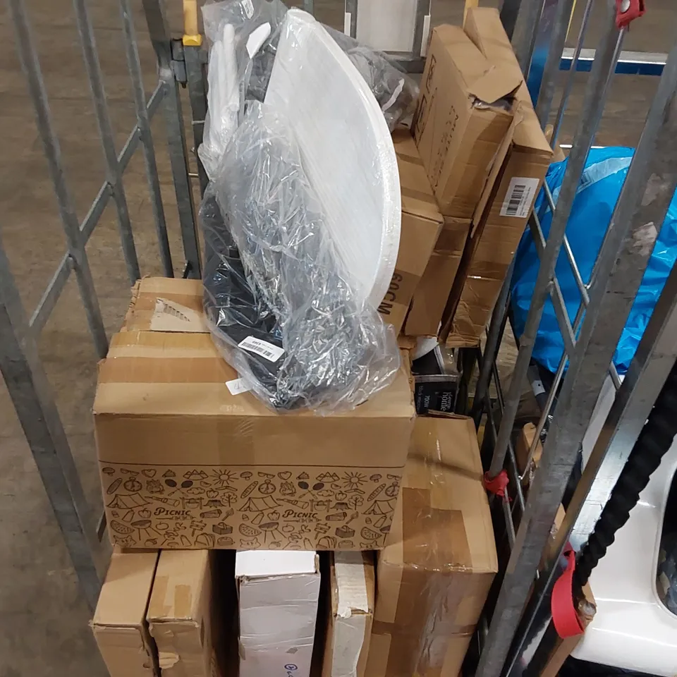 3 CAGES OF ASSORTED CONSUMER PRODUCTS TO INCLUDE; TABLE FAN, FOLDING IRON, CAST IRON CHICKEN ROASTER, CARBON STEEL WOK PAN, TOILET SEAT ECT (CAGES NOT INCLUDED)