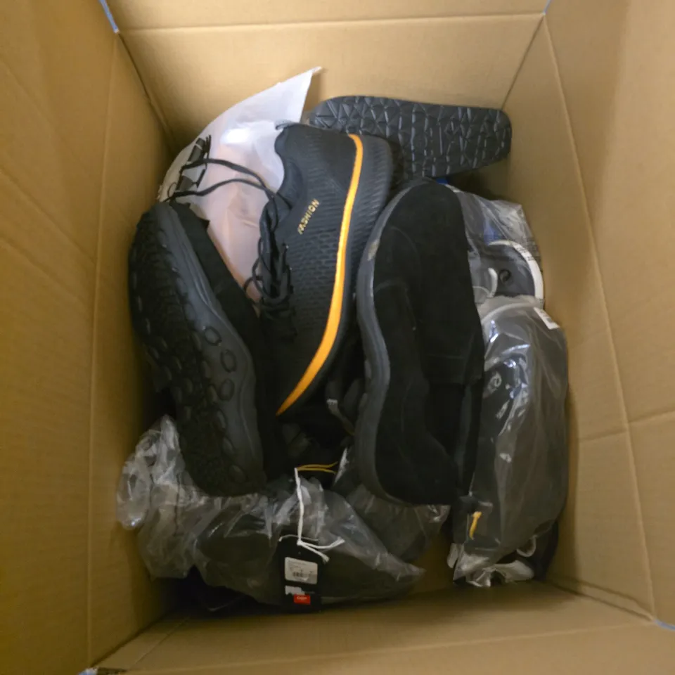 BOX OF APPROXIMATELY 20 PAIRS OF ASSORTED SHOES IN VARIOUS STYLES , COLOURS AND SIZES