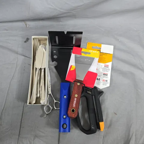 BOX OF ASSORTED ITEMS TO INCLUDE - TOOLS - SCISSORS - UTENSILS 