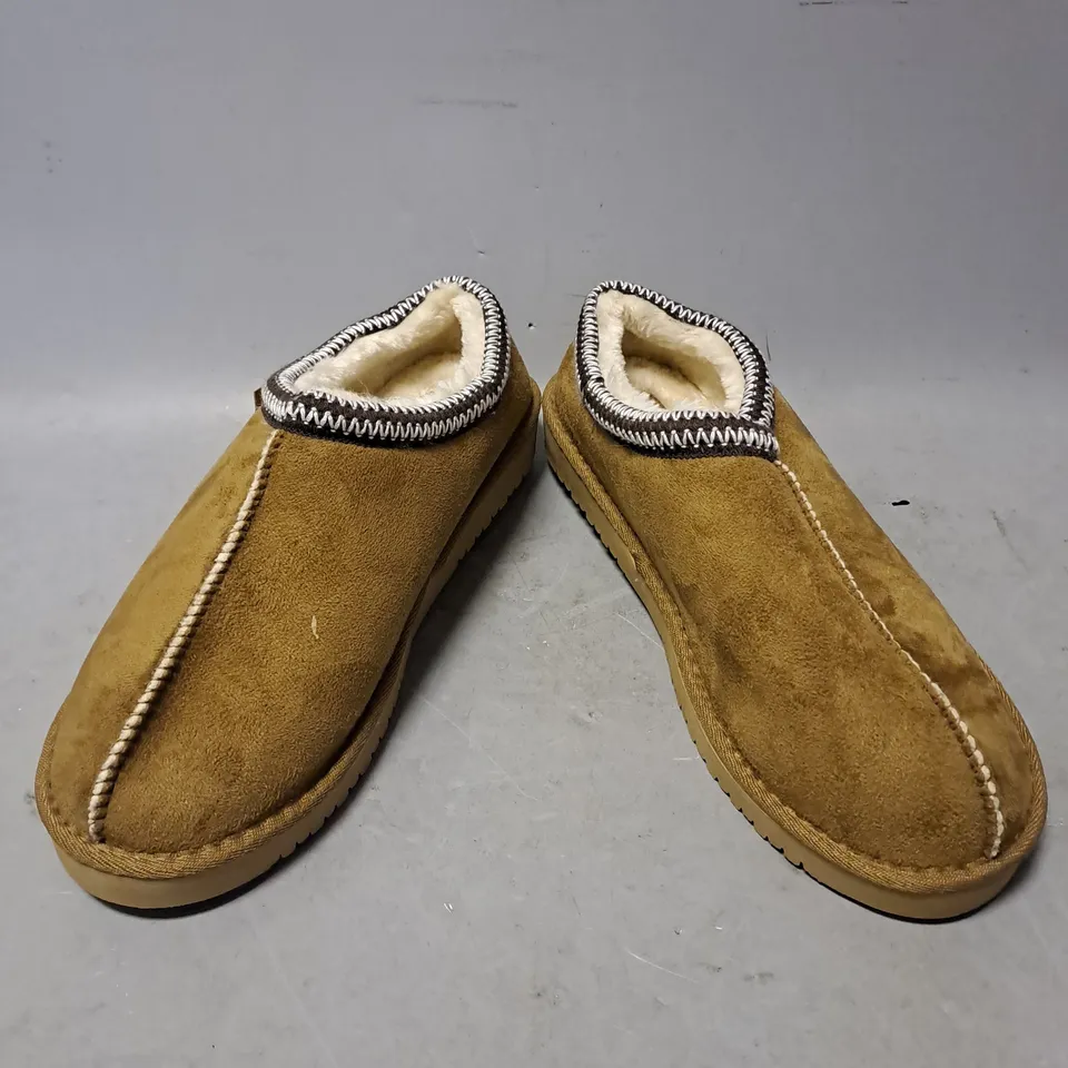 PAIR OF ELLA EMBROIDED FAUX FUR LINED MULE SLIPPERS IN CHESTNUT SIZE 8