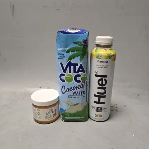 APPROXIMATELY 8 ASSORTED FOOD & DRINK ITEMS TO INCLUDE - VITA COCONUT WAER , JUST BEE HONEY , HUEL BANANA ETC