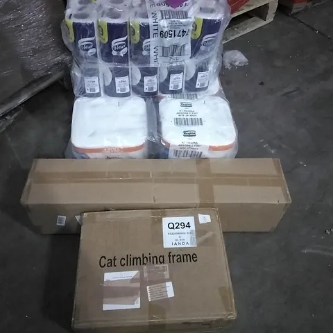 PALLET OF HOUSEHOLD ITEMS TO INCLUDE TOILET ROLLS,KITCHEN ROLLS, CHRISTMAS TREE, CAT CLIMBING FRAME AND OTHER ASSORTED ITEMS...