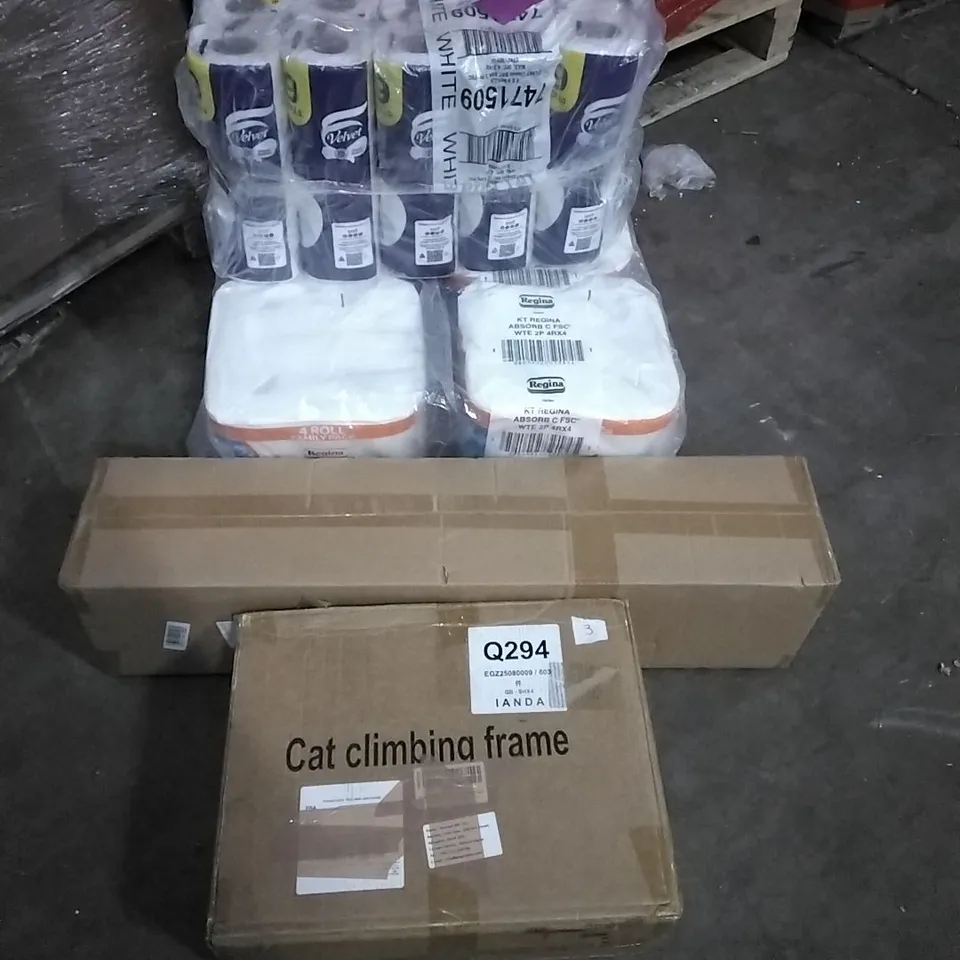 PALLET OF HOUSEHOLD ITEMS TO INCLUDE TOILET ROLLS,KITCHEN ROLLS, CHRISTMAS TREE, CAT CLIMBING FRAME AND OTHER ASSORTED ITEMS...