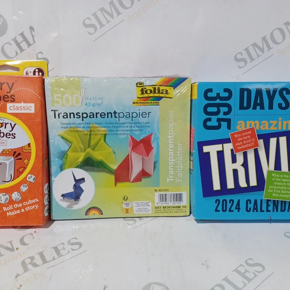 BOX OF APPROXIMATELY 20 ASSORTED TOYS AND GAMES TO INCLUDE 365 DAYS OF AMAZING TRIVIA, FOLIA TRANSPARENT PAPIER, STORY CUBES CLASSIC, ETC