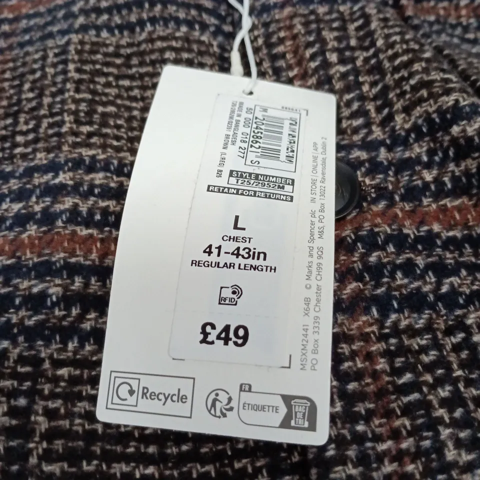 M&S WOMEN'S TWEED-STYLE COAT – SIZE L (CHEST 41-43IN) – BROWN CHECKED