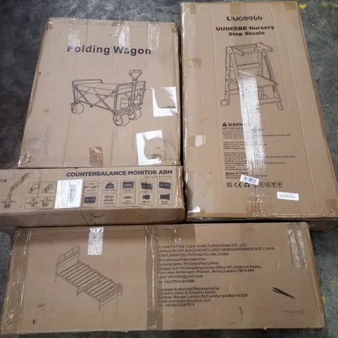 PALLET CONTAINING ASSORTED PRODUCTS INCLUDING FOLDING WAGON, NURSERY STEP STOOLS, COUNTERBALANCE MONITOR ARM & METAL SINGLE BED FRAME