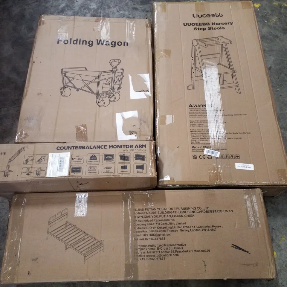 PALLET CONTAINING ASSORTED PRODUCTS INCLUDING FOLDING WAGON, NURSERY STEP STOOLS, COUNTERBALANCE MONITOR ARM & METAL SINGLE BED FRAME