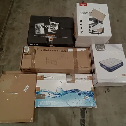 PALLET OF ASSORTED ITEMS INCLUDING FORGING MOUNT LONG ARM TV WALL MOUNT, OLARHIKE DOUBLE HIGH AIR MATTRESS, CANDORA BATHROOM ACCESSORIES, ACRYLIC PAINT SET, AIR FRYER