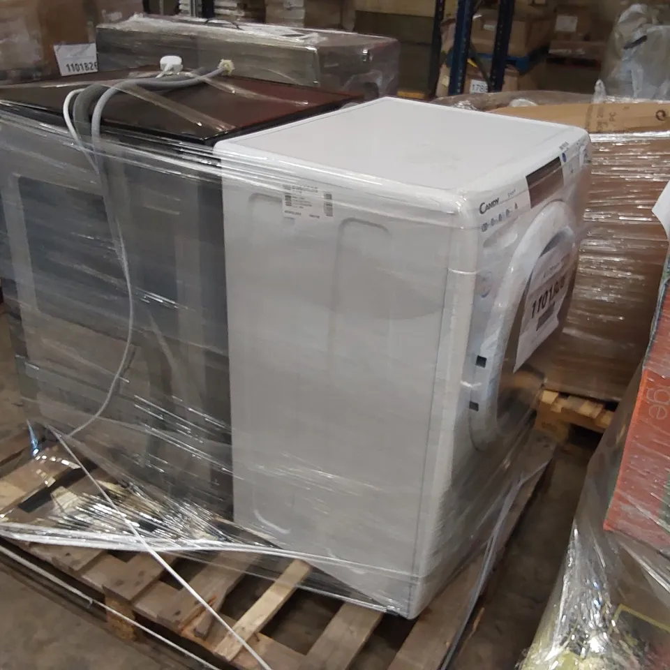 PALLET OF TWO ASSORTED UNPROCESSED RAW RETURN WHITE GOODS TO INCLUDE; COMFEE FREESTANDING DISHWASHER 60CM BLACK CANDY SMART PRO FREESTANDING WASHER DRYER WHITE