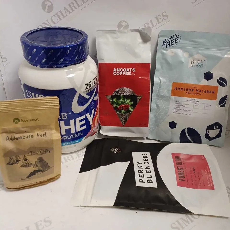 BOX OF APPROX 5 ITEMS TO INCLUDE ANCOATS COFFEE BEANS, PERKY BLENDERS COFFEE BEANS, USN BLUE LAB WHEY PROTEIN