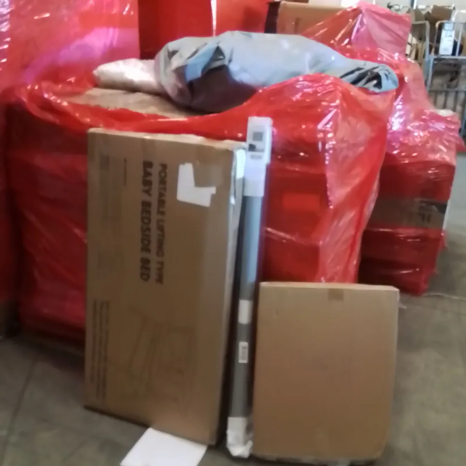 PALLET OF ASSORTED HOUSEHOLD GOODS AND PRODUCTS TO INCLUDE;BEDSIDE BABY BED,ROLLER BLINDS,PICTURE FRAMES 