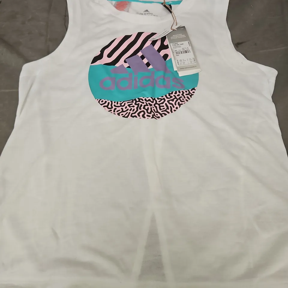 ADIDAS TANK TOP - WHITE SLEEVELESS WITH COLOURFUL CIRCULAR LOGO AGE 14-15 YEARS