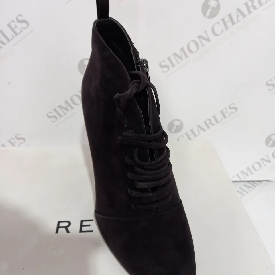 BOXED REISS SUEDE CHOCOLATE BOOT HEELS - SIZE 5