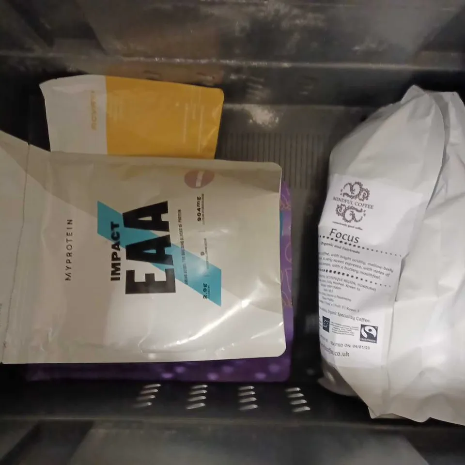BOX OF APPROX 8 ITEMS TO INCLUDE ON GOLD STANDARD WHEY PROTEIN, SIMPLY CARAMEL SYRUP, MINDFUL COFFEE BEANS