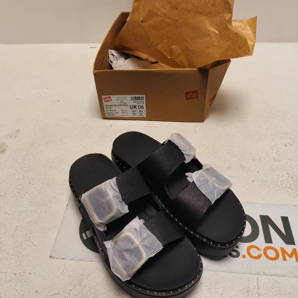 FITFLOP BLACK LEATHER DOUBLE-BAND SLIDE SANDALS, UK 6
