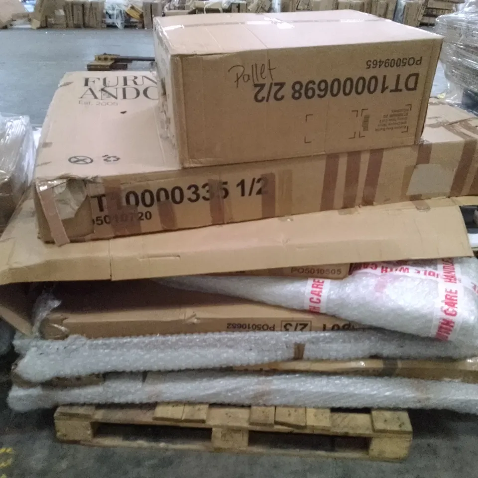 PALLET OF ASSORTED FLAT PACK DINING TABLE PARTS 
