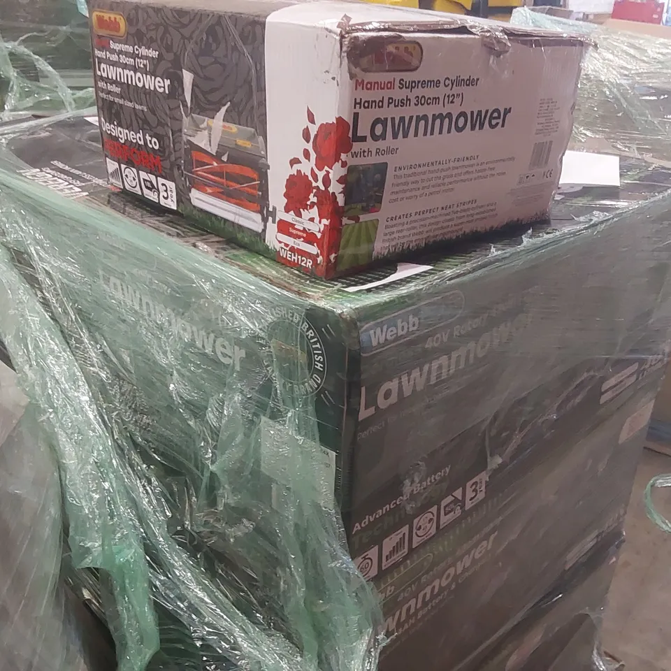 PALLET CONTAINING A VERY LARGE QUANTITY OF ASSORTED GARDEN TOOLS INCLUDING: WEBBECO CORDLESS 40V LAWN MOWERS, WEBB MANUAL LAWN MOWER, WEBB CORDLESS 20V ROTARY TILLER, PRESSURE WASHER, POWERBASE 20V CO