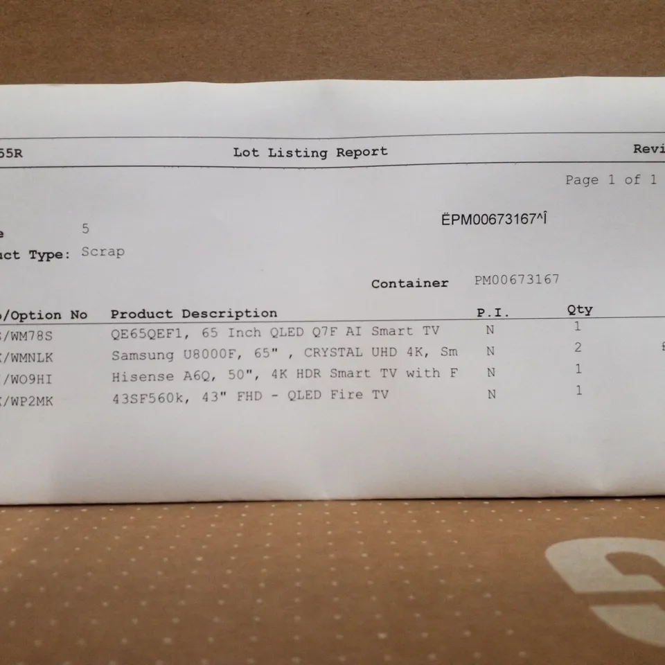 PALLET CONTAINING 5 ASSORTED DAMAGED TVS