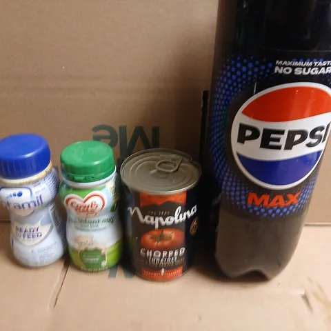 APPROXIMATELY 5 ASSORTED FOOD ITEMS TO INCLUDE PEPSI MAX , CHOPPED TOMATOES AND BABY MILK 