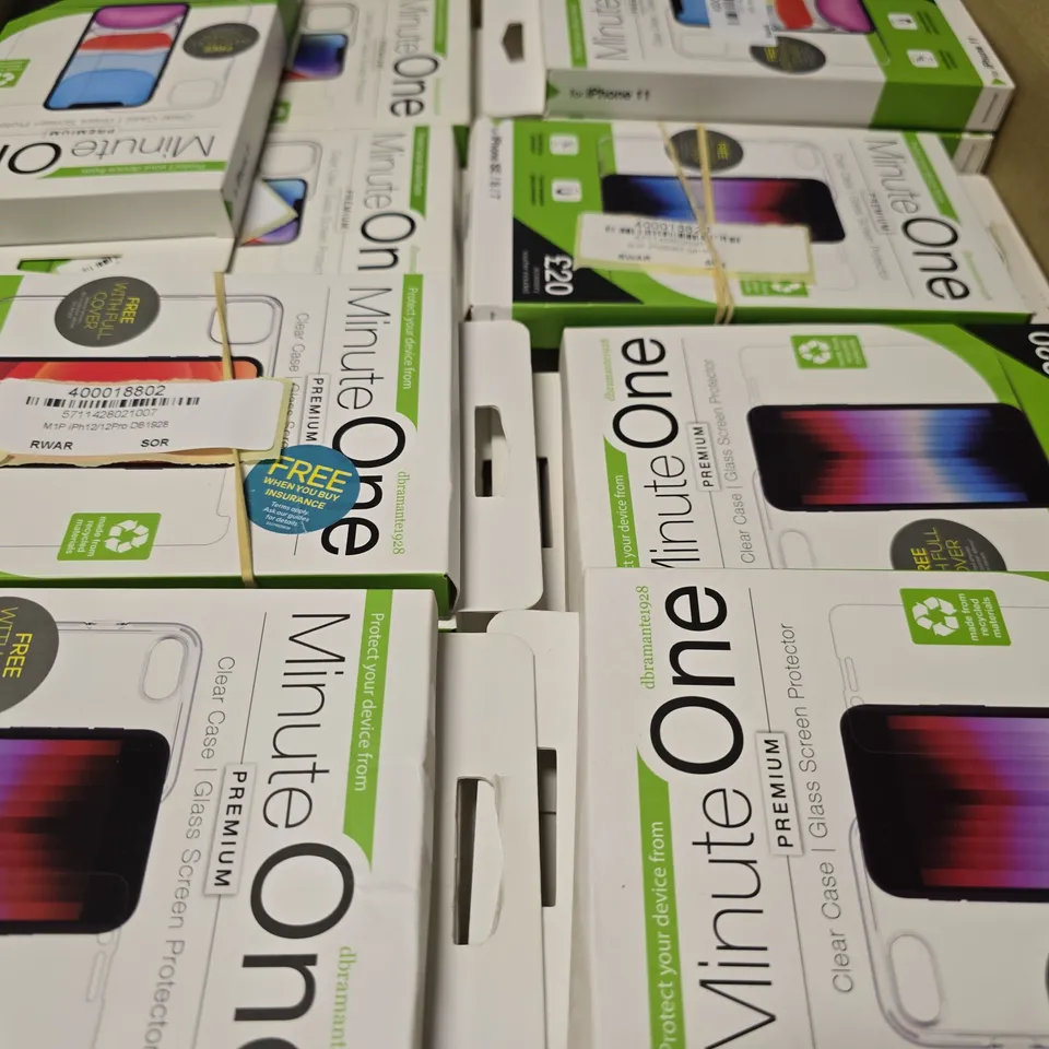 BOX OF APPROXIMATELY 60 ASSORTED MINUTE ONE MOBILE PHONE CASES & SCREEN PROTECTORS INCLUDE - IPHONE 15 , IPHONE 11 , IPHONE SE / 8 / 7 